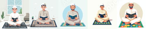 vector of father sitting on a prayer mat reading the Koran