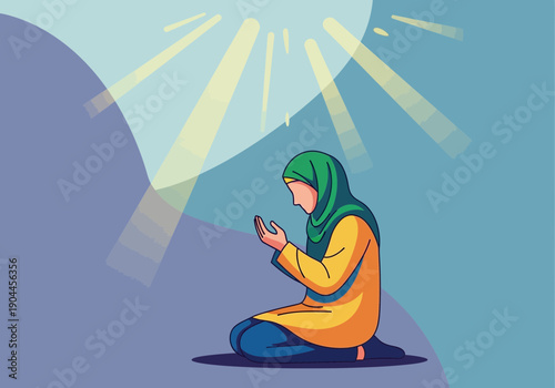 Peaceful Muslim Woman in Hijab Kneeling in Prayer with Divine Light