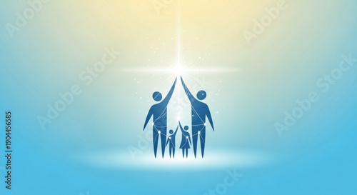Family silhouettes with hands up in unity and love under a shining light
