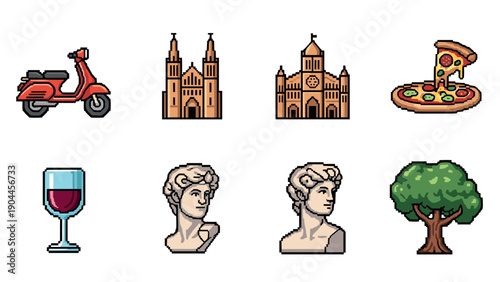 Pixel art icons of italian culture: vespa, architecture, pizza, wine, sculptures, and nature