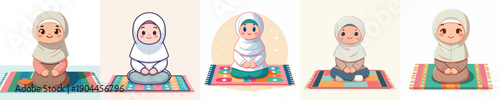 vector of little Muslim girl sitting smile on a prayer