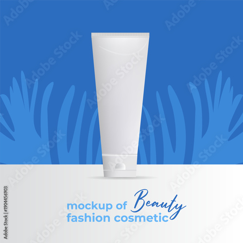 Luxury mockup of beauty fashion cosmetics vector blue illustration featuring skincare products, lipstick and cream. Blue decor background. Modern design with elegant packaging perfect for beauty blogs