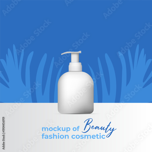Luxury mockup of beauty fashion cosmetics vector blue illustration featuring skincare products, lipstick and cream. Blue decor background. Modern design with elegant packaging perfect for beauty blogs