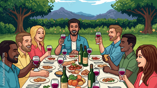 Pixel Art Group of friends enjoying outdoor meal with wine in lush garden setting