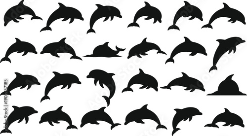 Set of black dolphin silhouettes in various jumping and swimming poses, isolated vector illustration collection for marine life, ocean, and summer themes.