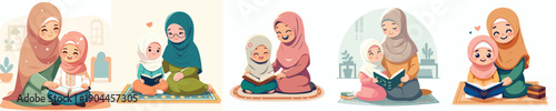 vector of mother and daughter sitting on a prayer mat studying the Koran