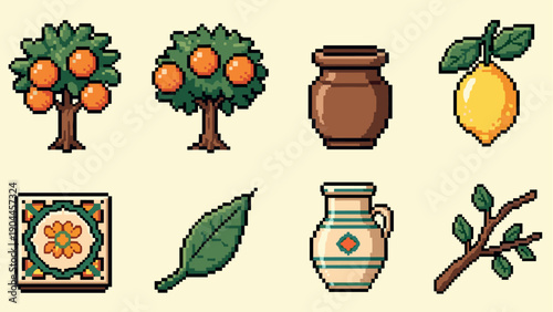 Pixel Art Retro pixel art citrus icons featuring fruits, trees, and pottery