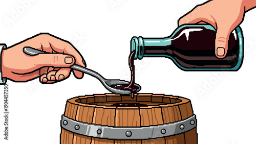 Pixel art of pouring beverage from bottle into spoon over barrel