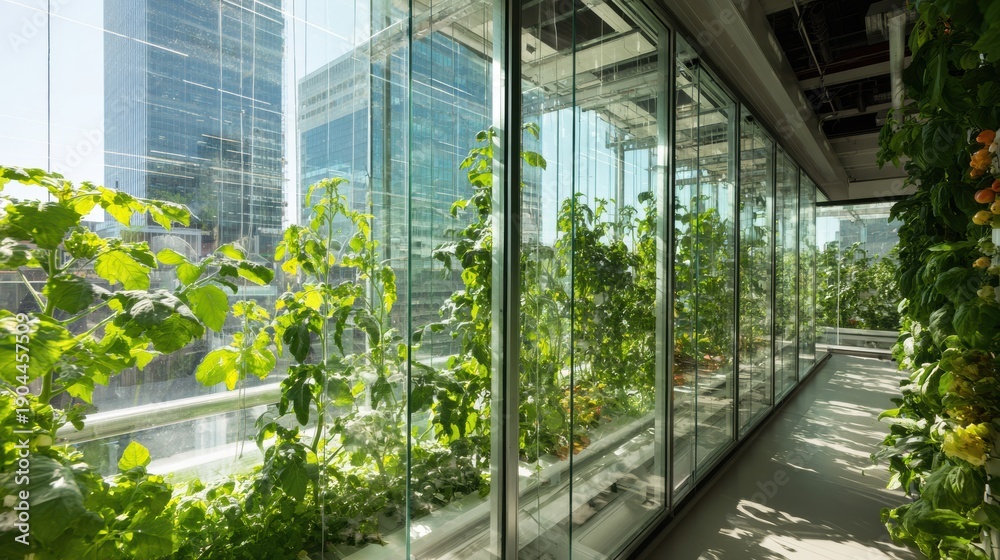 Obraz premium Balcony garden view facing urban skyline with tomato vines and planters, narrow glass railing frames city vista, morning sunlight warms foliage, rooftop access path for quick harvesting rounds