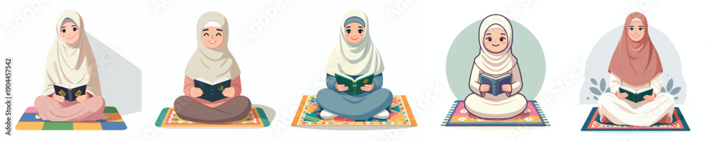 Fototapeta premium vector of mother sitting on a prayer mat reading the Koran