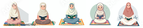 vector of mother sitting on a prayer mat reading the Koran