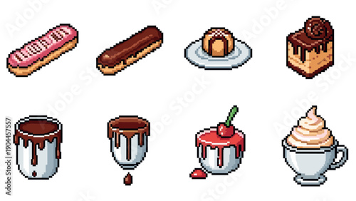 Pixel art desserts: eclairs, cakes, and sweets in retro style