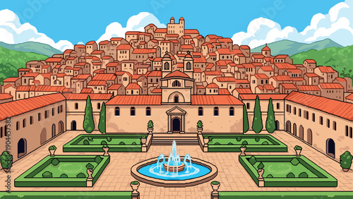 Pixel Art Charming italian town with historic architecture and lush gardens in cartoon style