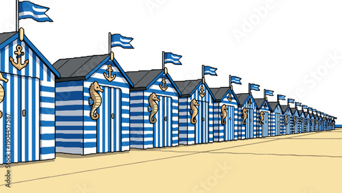 Pixel Art Charming nautical beach huts with stripes and anchors in a coastal setting