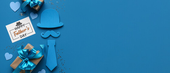 Postcard with gift boxes and decor for Father's Day on blue background