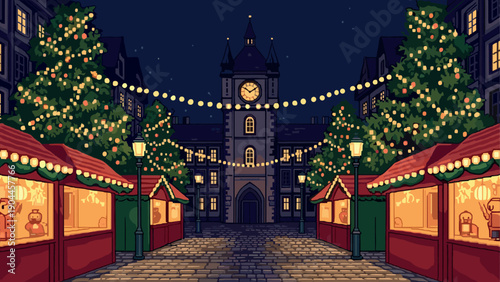 Pixel Art Charming christmas market at night with festive lights and decorated trees