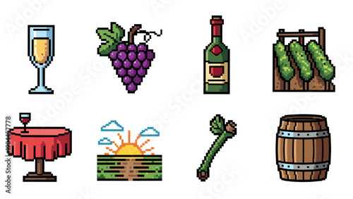 Pixel Art Colorful pixel art wine set with grapes, bottle, and barrel elements