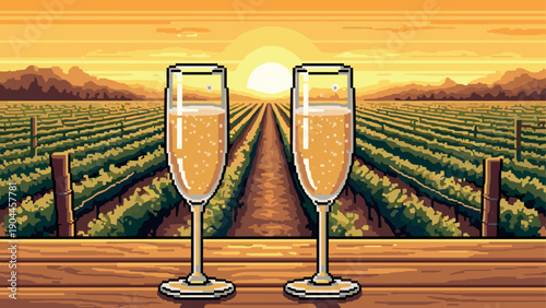 Pixel Art Vintage pixel art wine countryside with sunset and champagne glasses