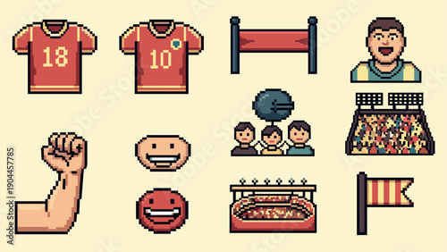 Pixel Art Retro pixel art soccer icons with jerseys, stadium, fans, and emotions