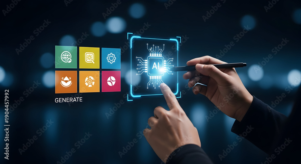 Naklejka premium Person interacting with futuristic digital interface and icons