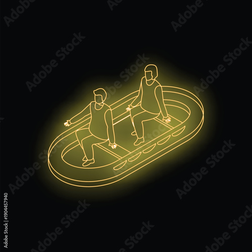 Neon sign of two men sitting in a rubber boat, isometric view