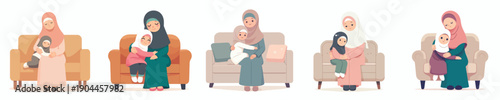 Muslim daughter hugging her mother on the sofa vector