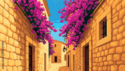 Pixel Art Mediterranean alley with colorful bougainvillea and stone architecture