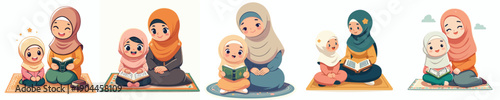 vector of mother and daughter sitting on a prayer mat studying the Koran