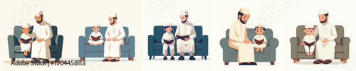 vector of father and son sitting on sofa studying the Koran