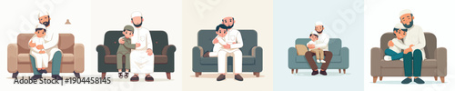 Muslim boy hugging his father on the sofa vector