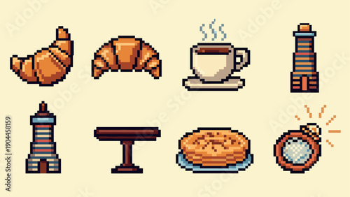 Pixel art parisian icons: croissant, eiffel tower, coffee, and more