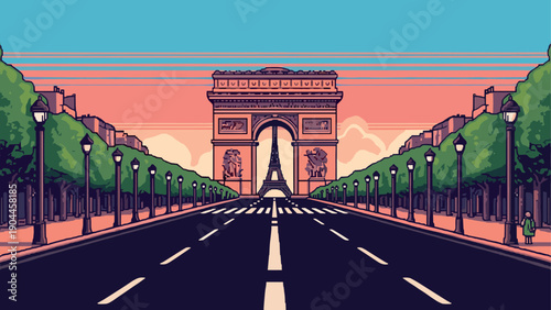 Pixel Art Colorful retro pixel art of arc de triomphe with eiffel tower in background at sunset