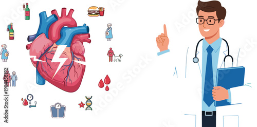 Heart health medical illustration, cardiology concept with doctor explaining cardiovascular risk factors, lifestyle disease prevention and healthy living, modern flat vector design