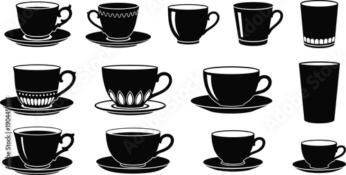 Coffee cup silhouettes collection, various mug and teacup shapes with saucers, hot beverage drinkware set, minimalist black vector illustration isolated