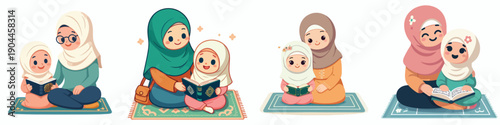 vector of mother and daughter sitting on a prayer mat studying the Koran