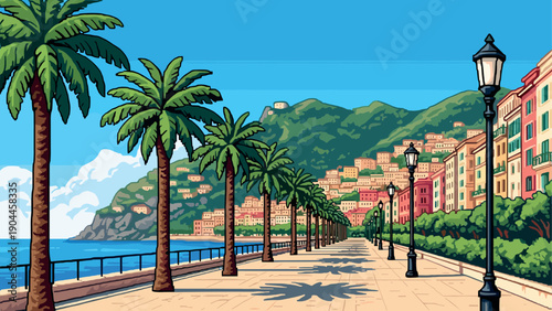 Pixel Art Coastal walkway with palm trees and mountains in retro pixel art style