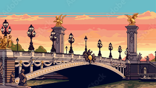 Pixel Art Urban bridge at sunset with classic street lamps in vibrant pixel art style