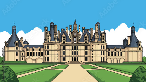 Pixel Art Detailed cartoon style château with blue sky and green landscape