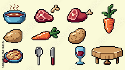 Pixel art food set: meat, vegetables, and dining essentials in retro style