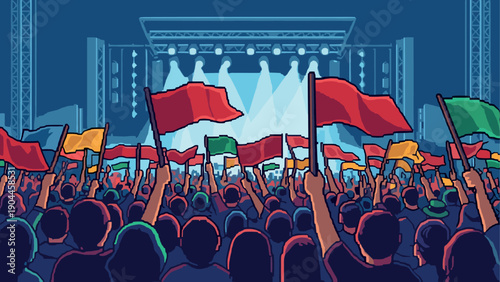 Pixel Art Vibrant crowd at night concert with flags and stage lighting
