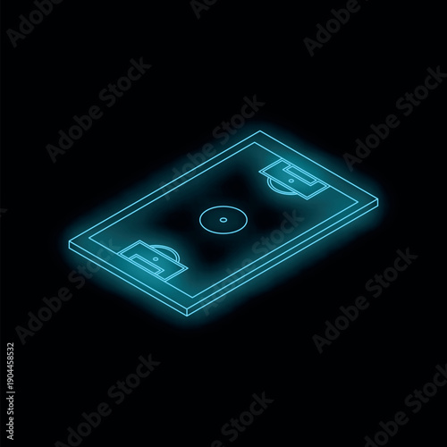 Neon blue glowing football field on black background representing strategy, tactics, game plan, and competition