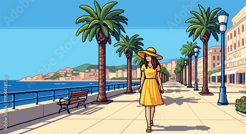 Pixel Art Strolling in a pixel art coastal town with palm trees and sunny skies