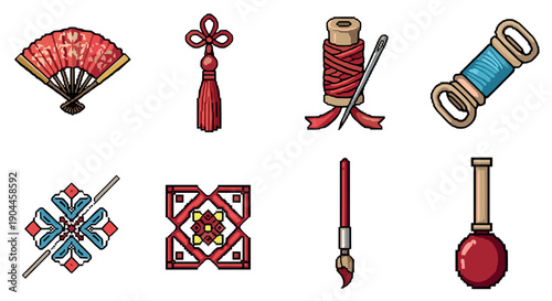 Pixel art traditional asian craft icons set for design projects