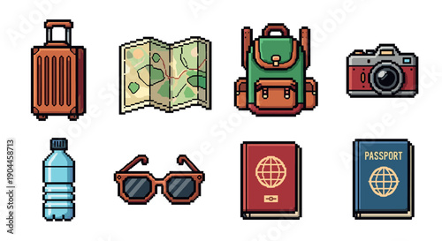 Pixel Art Retro travel icons set featuring luggage, map, backpack, and essentials in pixel art style
