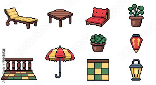 Pixel art outdoor furniture and decor collection with patio elements
