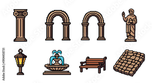 Pixel art architectural icons: statues, arches, and urban elements
