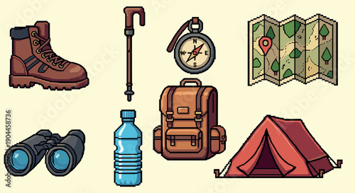 Pixel art adventure gear: hiking essentials and navigation tools for outdoor exploration