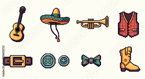 Pixel Art Colorful mexican icon set in retro pixel art style