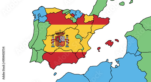 Pixel Art Colorful map of spain with national flag overlay and neighboring countries