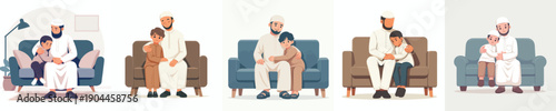 Muslim boy hugging his father on the sofa vector